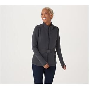 Zuda Women's Zip Up Jacket Size XL Gray Belted Scuba Knit Long Sleeve Pockets
